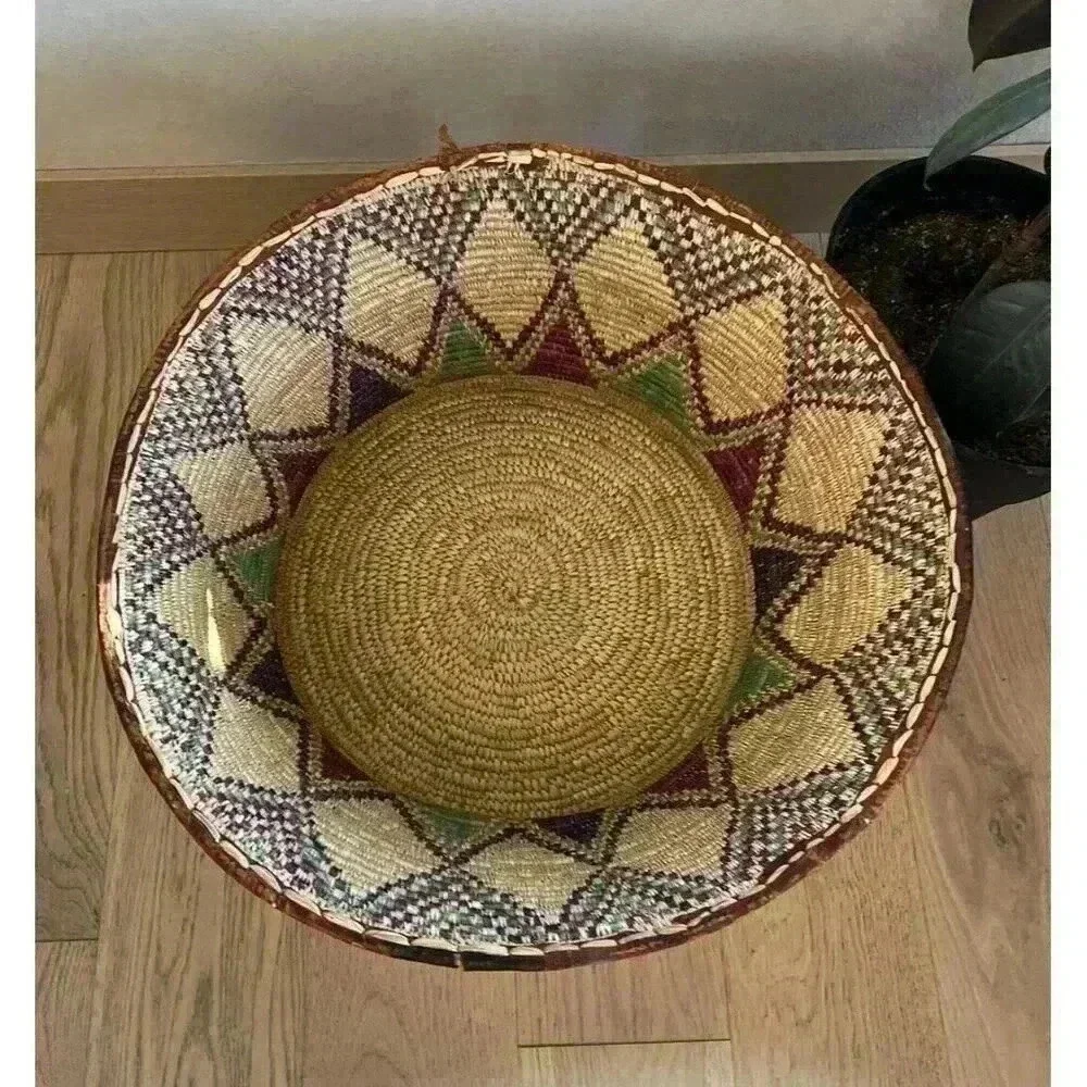 Antique Large woven basket With Lid Reversible Pointed Coil Cone Leather Piping